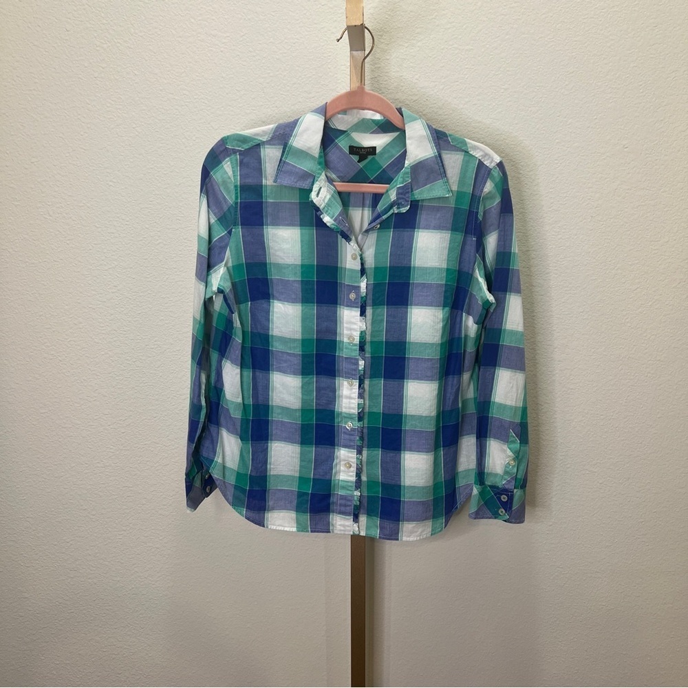Talbots Long Sleeve Button Down Shirt Blue Green & White Plaid MP
